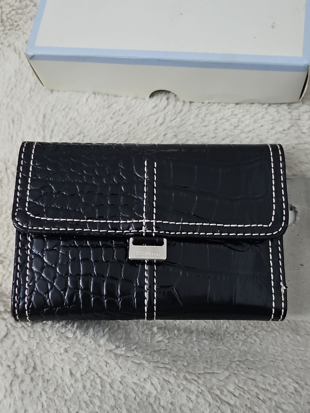 Liz Claiborne Black Croc-Embossed Wristlet with White Stitching